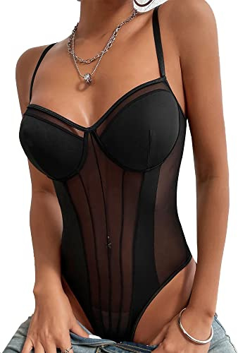 Body Femme Sexy Transparent Spaghettis Bodysuit Bodycon Une Pièce Bodys sans Manches Combinaisons Jumpsuit Dos Nu Party Justaucorps Lingerie Clubwear