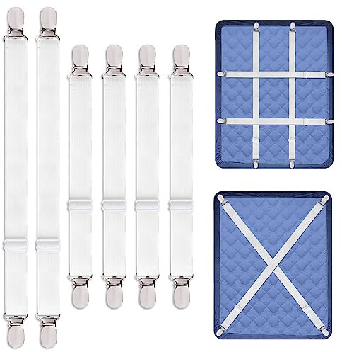 6 Stück Bettlakenspanner Verstellbar (2 Long + 4 Short), Elastische Spannbettlaken Halter, Bettlaken Spanner, Weiß Leintuch Spanner mit Metallclips, Spanngurte für Bettlaken, Hosenträger für Bettlaken