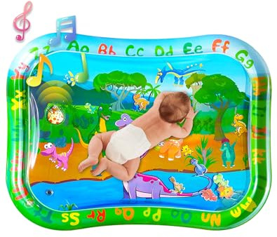 Stor babyvattenfilt XXL 95 x 76 cm - Gonflable Tummy Time Mat, babysensorisk matta för 3 6 9 12 månader, babyleksak, småbarn och nyfödd - dinosaurie