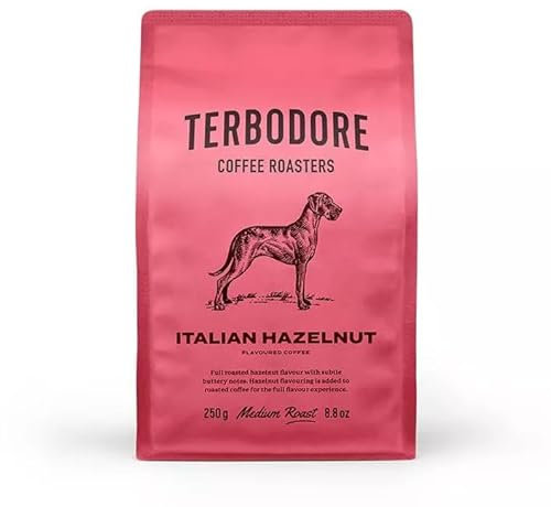Terbodore | Italian Hazelnut Coffee Beans | 250g Bag | Delicious Nut Flavoured Bean | Subtle Nutty Aroma | Premium Grade Whole Bean | Medium Roast | Home or Cafe | Hazelnut Coffee Beans
