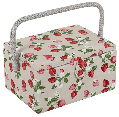 Hobby Gift Medium Sewing Box Organiser with Handle - Cotton Basket Sewing Storage Box, Craft Storage Boxes with Compartments for Tools & Accessories - 18.5 x 25.5 x 14.5cm, Strawberries