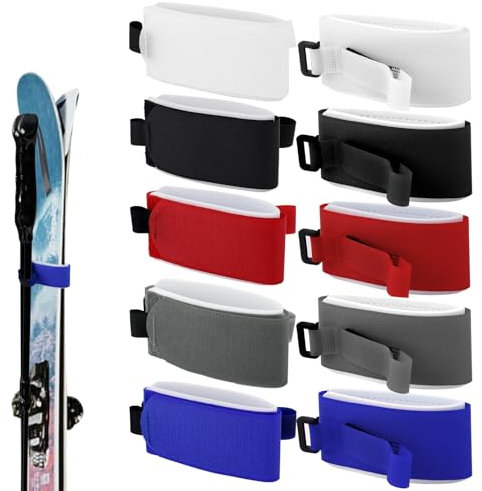 Gosknor 10stk Skigurtverschlüsse, 2-in-1 Skitragegurt für Snowboard Skistöcke Verstellbare Eva-Skibandagen Schutz Skiausrüstungs-Organizer Weihnachts Wintergeschenk (5 Dunkle Farben)