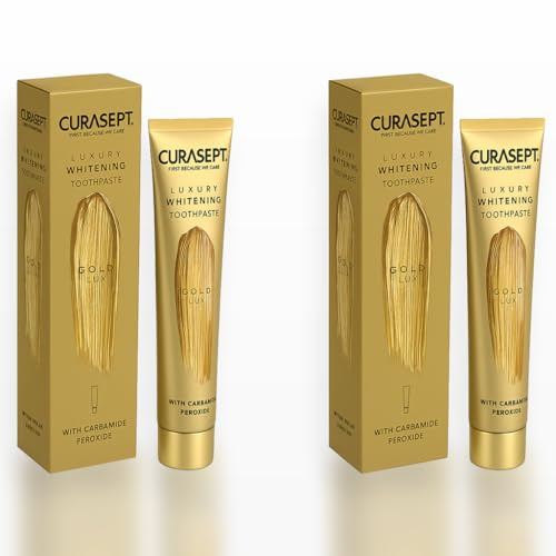 Curasept Luxury Gold Whitening - Dentifricio Sbiancante Premium 75 ml (2 Pezzi) – Delicato sullo Smalto, Rimuove le Macchie, Sapore Menta Delicata, Routine Sorriso Luminoso