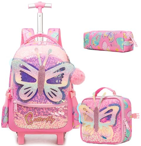 ZBAOGTW Butterfly Girls Rolling Backpack Kids Trolley School Bag with Wheels Rolling Backpack for Kids 8-12 Roller Backpacks for Girls Cute Schoolbag with Lunch Bag Set for Elementary
