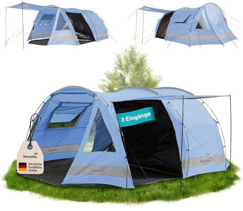 Skandika Kambo - Tenda de campeggio tunnel - Cabina letto per 6/8/12 persone - Impermeabile con 3000 colonne d'acqua - 2 m di altezza - 3 ingressi - tenda da sole (azzurro/grigio/6)