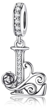 HappyStar 925 sterlingsilver ros bokstavsberlocker alfabet initial pärla berlock passform armband dam smycke present, Sterlingsilver Kubisk zirkonia, Kubisk zirkonia