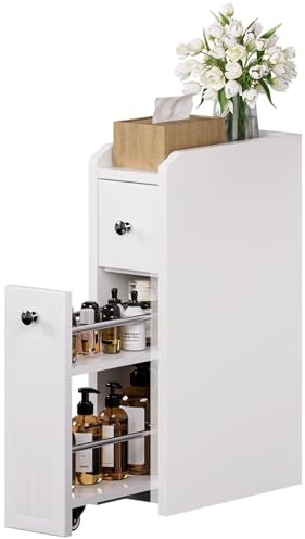 Yorbay Stehender Schmaler Schrank mit Schubladen: Weiß Beistellschrank für Wohnzimmer Küche Badezimmer Esszimmer - Aufbewahrungsschrank Regal für kleine Räume