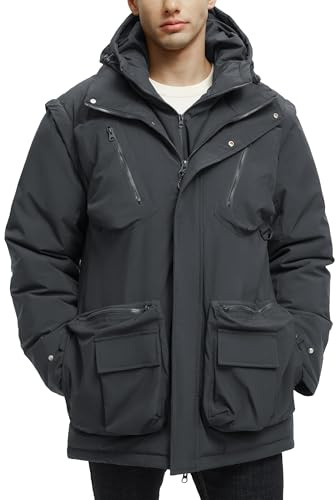 UIQUR Winter Coats Male Outdoor Jackets Water Resistant Warm Thicken Parka Puffer Coat Long Down Jacket for Big and Tall Men Hiking Camping Walking Outwear Grey 4XL