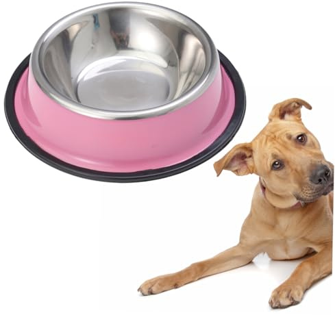 Kisangel Comedero para Mascotas Antideslizante, Cuenco para Perros y Gatos De Acero Inoxidable, Diámetro 15 Cm (Base Rosa), Adecuado para Alimentación y Agua, Mascotas Pequeñas y Cachorros
