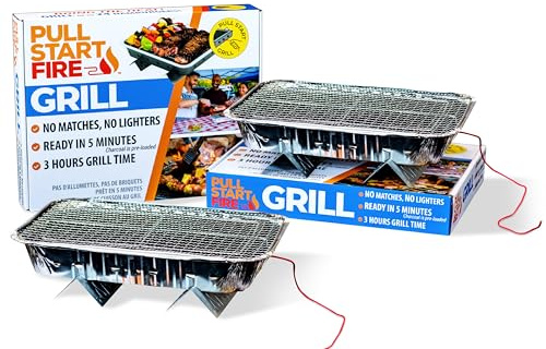 Pull Start Fire Grill | Single Use Portable Disposable Charcoal BBQ with Pull Start Matchless Ignition | Ready in 5 Min, 3 Hour Burn | Camping, Tailgating, Outdoor Cooking, No Cleanup Needed