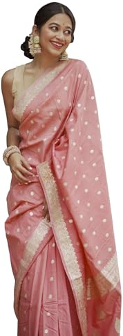 Sugathari Sari Kanchipuram Kanchipuram in seta per donna – Sari tradizionale da matrimonio e da festa con camicetta – Sari etnico indiano in seta per sposa, festivo (UM-260), pesca, Taglia unica