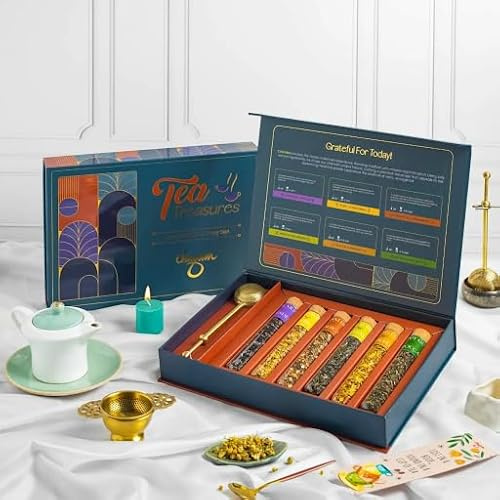 Thoughtfully, Tea Treasures Infusion Gift Set, Includes 6 Uniquely Flavoured Loose Leaf Teas and Tea Infuser, Pack of 6 & Brass telescopic infuser - Chayam