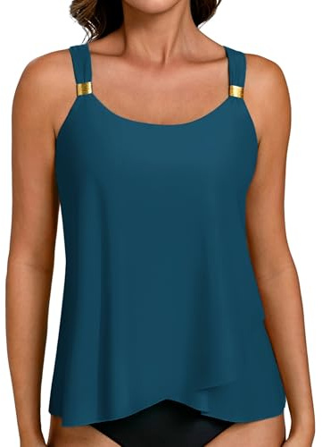 Hanna Nikole Tankini Top da donna, solo top per costume da bagno con controllo della pancia, orlo fluido, top da bagno con scollo a U con imbottitura, Blu pavone, L