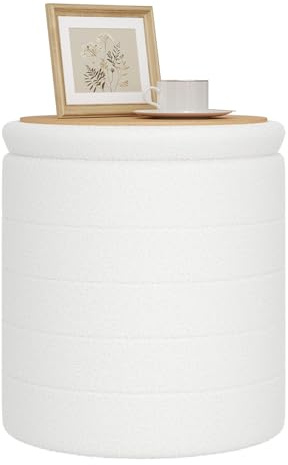 WOLTU Pouf Contenitore con Coperchio Reversibile e Removibile, Sgabello Pieghevole Rotondo, Ø40,5xA43 cm, in Tessuto Teddy e MDF, per Soggiorno, Camera da Letto e Ingresso, Bianco