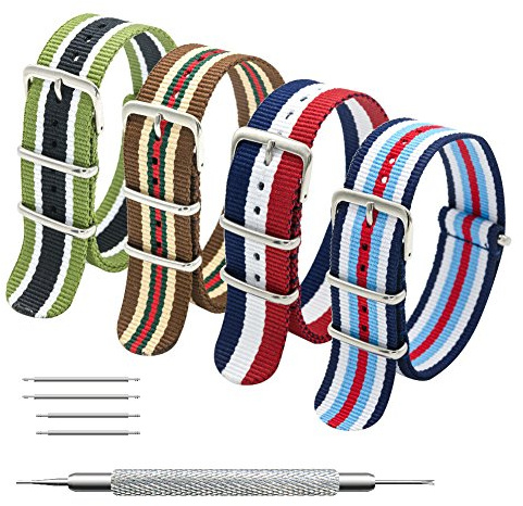 NATO-rem 4/8 förpackningar 16mm 18mm 20mm 22mm 24mm Ballistic Nylon klockarmband Swiss Zulu-remmar Rostfritt stål spänne med 4 toppfjädrar och fjäderstångsverktyg