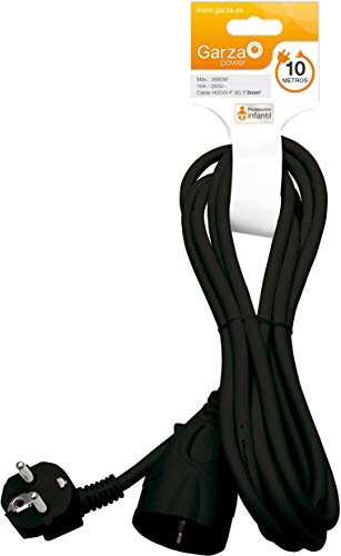 Garza - Cable alargador de corriente doméstico de 10 metros, negro, con toma de tierra hasta 16 Amperios (3680W)