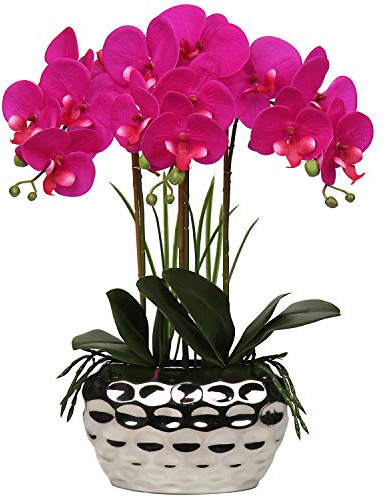Briful 17 Artificial Orchid Phalaenopsis Flowers Decorative Bonsai Fake Flower, Real Touch Orchid Artificial Flowers with Silver Ceramic Pot for Table Centerpieces Living Room Home Décor