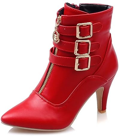 Buckle Ankle Boots for Women Pointed Toe High Heels Booties with Zipper Kitten Heel Shoes Red 11