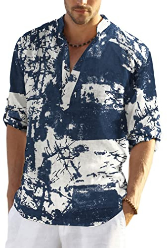 COOFANDY Mens Shirt Long Sleeve Henley Shirt Linen Shirts Cotton Casual Regular Fit Summer Shirts