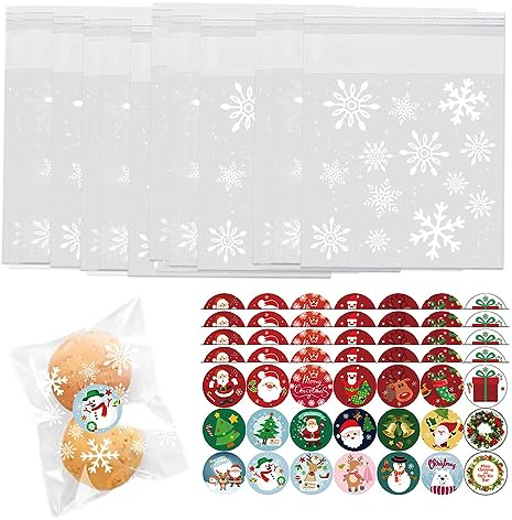 100 Piezas Bolsas Celofan Transparente Navidad, FUKPO Bolsas para Galletas Chuches Copo de Nieve de Navidad, Bolsas para Regalo Bolsas de Celofán Autoadhesivas con Pegatinas Navidad