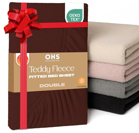 Brentfords Fitted Bed Sheets Double Teddy Fleece, Fluffy Bedding Double Bed Sheets Fitted Easy Care Ultra Soft Fade Resistant Double Thermal Bedding, Chocolate Brown