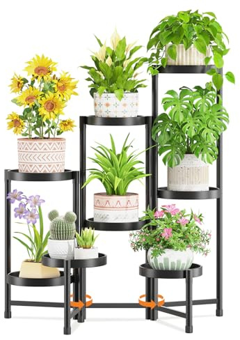 LASZOLA 8 Tiered Folding Tall Plant Stand Indoor for Multiple Large Planter, Heavy Duty Metal Adjustable Flower Rack for Narrow Corner, Sturdy Vertical Spiral Shelving Holder for Modern House, Black