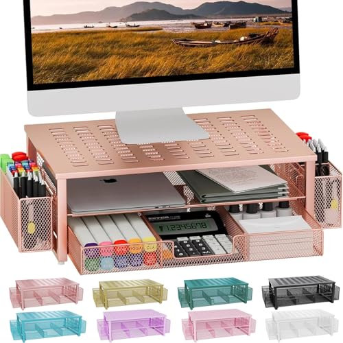 gianotter Desk Computer Monitor Stand with Drawer and 2 Pen Holders, Desk Organizer for Women, Home Office Essentials (Rose Gold)