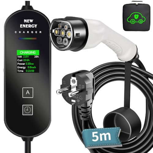 LCLCTEK® Typ 2 Ladekabel Schuko Stecker 3.68kW [5m, 8A-16A],Elektroauto EV Charger mit LED-Digitalanzeige,Mobile wallbox ladekabel Auto typ 2 schuko tecker,EV Ladegerät für Elektroautos PHEV/EV (Weiß)