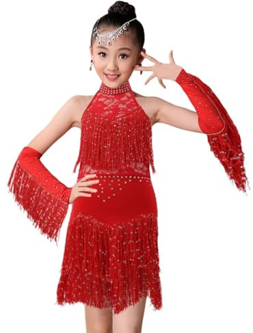 Valcatch Mädchen Latein Tanzkleid Pailletten Quaste Rock Kinder Ballsaal Tanzbekleidung Funkelnde Fransen Spitze Eiskunstlaufkleider