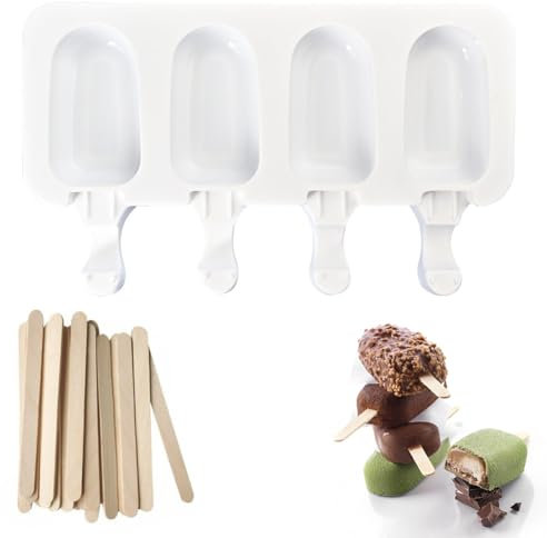 Stampi per ghiaccioli in Silicone,Stampi per Gelato,Stampi per Gelato a 4 Cavità,Silicone Stampi per Gelat,Stampo Ghiaccioli al Cioccolato congelato Fai da Te,con 50 Bastoncini di Legno