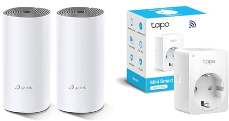 TP-Link Deco E4(Paquete de 2) - Wi-Fi Mesh de Doble Banda AC1200, Cobertura WiFi de hasta 260㎡ & TP-Link TAPO P100 - Wi-Fi Mini Smart Plug, Ideal para agendar ligar/desligar y economizar energía
