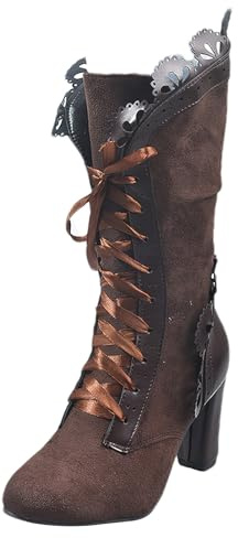rismart Femmes Victorien Bottes Mi-Mollet à Lacets Bout Rond Millésime Gothique Bottes Marron, 40.5 EU