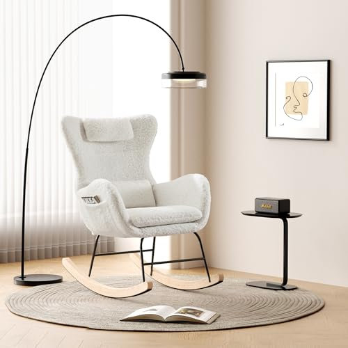 okwish Schaukelstuhl, Gepolsterter Schwingsessel mit hoher Rückenlehne, Kopfstütze und Lendenkissen, Schaukelsessel fürs Wohnzimmer/Schlafzimmer/Balkon, Lammfellstoff Weiß