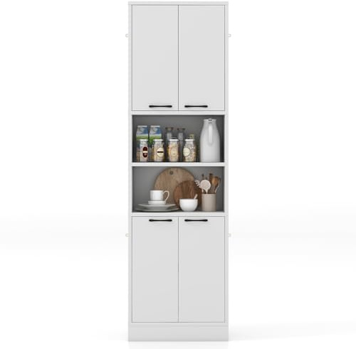 COSTWAY Credenza da Cucina, Mobile Buffet Alto con 2 Armadi a Doppia Porta e 2 Mensole Aperte, per Soggiorno, Cucina e Sala da Pranzo, 56 x 30 x 190 cm (Bianco)