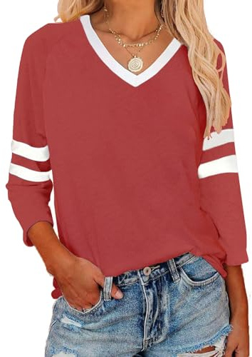 YINGWIN T-shirt à manches 3/4 pour femme - Col en V - Rayé - Haut pour femme, rubis, S