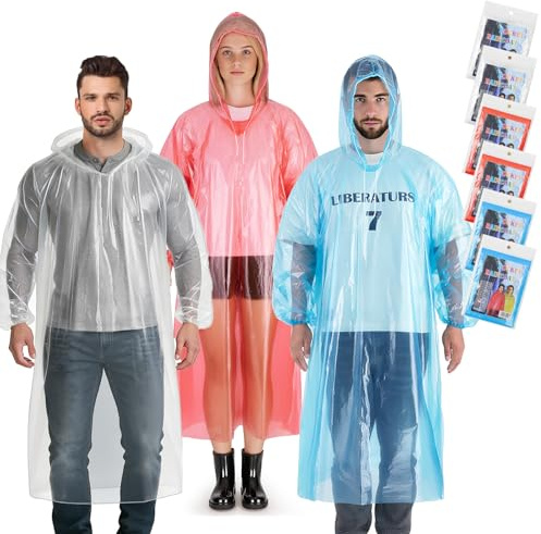 Aolegoo 6 Pack Ponchos Waterproof with Sleeves and Drawstring Hood, Thickened Portable Adult Disposable Waterproof Poncho Ideal for Festival Waterproofing, Camping, Theme Parks