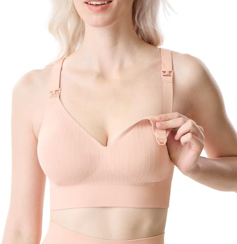 momcozy CoolFit Nursing Sports Bra, Racerback Nursing Bras for Workout and Yoga, Soft Stretchy Ribbed Support Maternity Bra, Pink