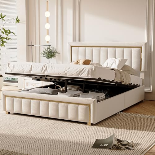 NMCXO Lit Double 160x200,Lit Coffre 160x200 avec Sommier à Lattes,Lits Hydraulique avec Rangement, Lits Moderne pour Adultes 2 Personnes,Tête de lit en Bords dorés,Blanc Cassé