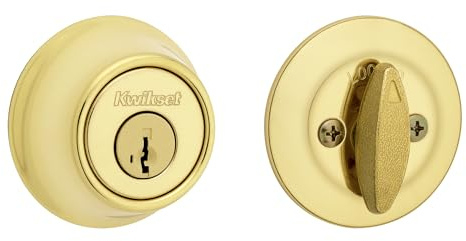 Kwikset 660 Deadbolt Lock, Polished Brass Round Exterior Keyed Front Entry Door, Single Cylinder Dead Bolt, with Microban Protection