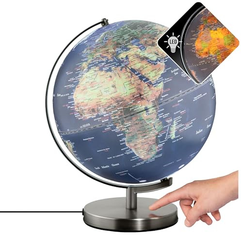 TROIKA Globe lumineux - Fonction tactile - Diamètre : 30 cm - Éclairage tactile - Avec prise de charge sur pied en métal brossé en plastique et métal - Bleu et vert