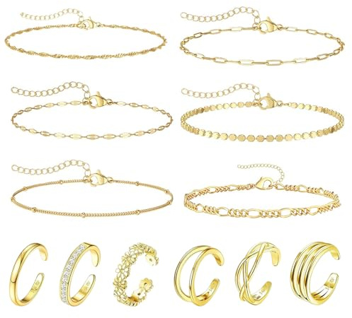 HTTDSLF 12 Pcs Bagues d'Orteil Bracelet de Cheville pour Femme, Bague Orteil Femme, Or Chaîne de Cheville Femmes, Réglable Bague de Pied, Ensemble Bijoux de Pied d'Été de Plage