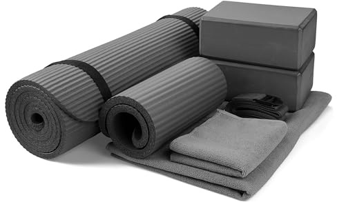 BalanceFrom 7-Piece Yoga Set with 71x24x0.5 Inches Extra Thick Mat, Gray