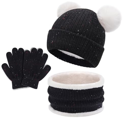 JFAN 3in1 Sombrero de Invierno Bufanda y Guantes para Niños Gorro de Punto para Bebés y Niños Pequeños Sombrero de Doble Pompón para Niñas y Niños 1-8 Años(B-Negro,Talla única)