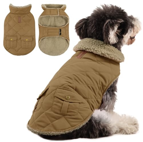 Queenmore Abrigo cálido y acolchado para perro, chaqueta de invierno acolchada con forro de felpa ultra grueso con bolsillos de almacenamiento (marrón, S)