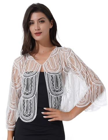 Freebily Coprispalle Donna Cardigan in Pizzo Elegante Giacca con Paillettes Bolero da Cerimonia Matrimonio Top Leggero Orlo Irregolare Abito da Sera Club Cocktail Bianco Taglia Unica
