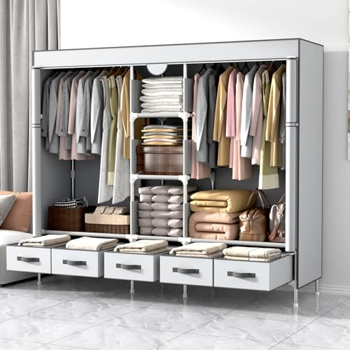 Anmas Power Armoire en Tissu avec tiroirs - 185 x 45 x 175 cm | 2 Barres de Suspension et 4 tiroirs en Tissu- Grayish white Armoire assemblée dans la Chambre