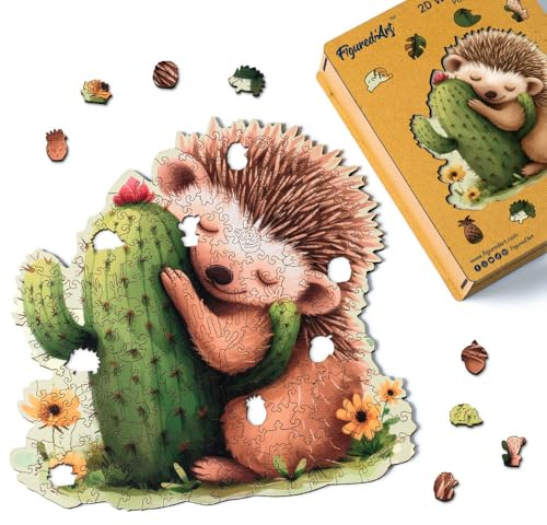 Figured'Art Puzzle de Madera para Adultos y Niños, Rompecabezas de 200 Piezas Animales - Erizo con Cactus - Diseño Original 28,2x28,5 cm, Caja de Madera Premium, Regalar