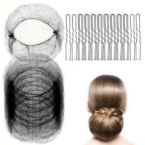 Unsichtbare Haarnetze 40 Stück, Haarnetze Elastisches with 50 Schwarze Haarnadeln, Wiederverwendbare Haarnetz Dutt für Krankenschwestern, Tänzerin, FlugbegleiterSchwarz