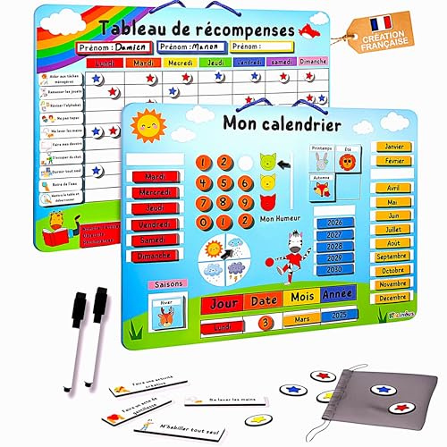 KALINOUS Lot 2-en-1 Création Française Tableau Routine Enfants + Calendrier Magnetique/Semainier Enfant Tableau des Recompenses Enfant +328 Aimants Solides Organisation Frigo/Mur Filles Garçons