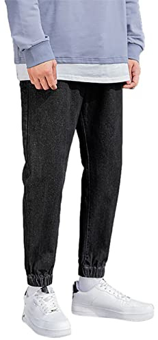 Baggy Jeansbyxor för män män med uppvikt joggingjeans elastisk midja dragsko denimbyxor med blixtlås botten sommar slitstarka tvättade arbetsjeans för vardag och streetwear, Svart, XL